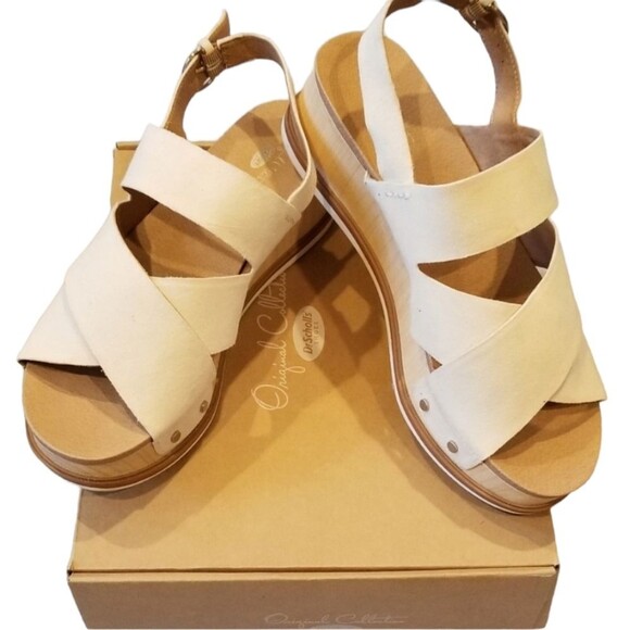 Dr Scholl's Sandals Wood Platform Leather Off White Metallic‎ Buckle Slingback 9 - Picture 2 of 7